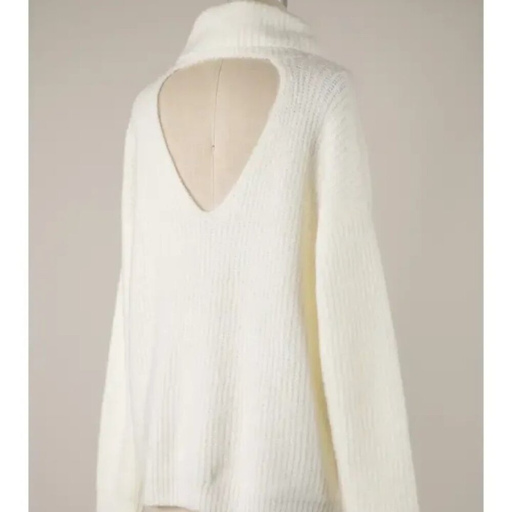 Back Cutout Ribbed Turtleneck Knit Tunic Sweater